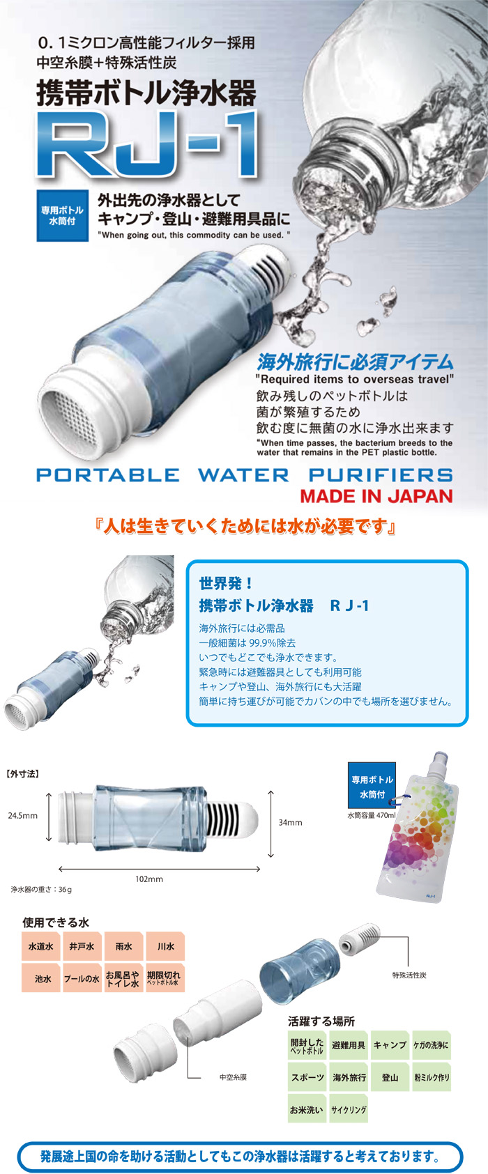 携帯ボトル浄水器 RJ-1 アイデア商品の琳聡堂【RINSO-DO】